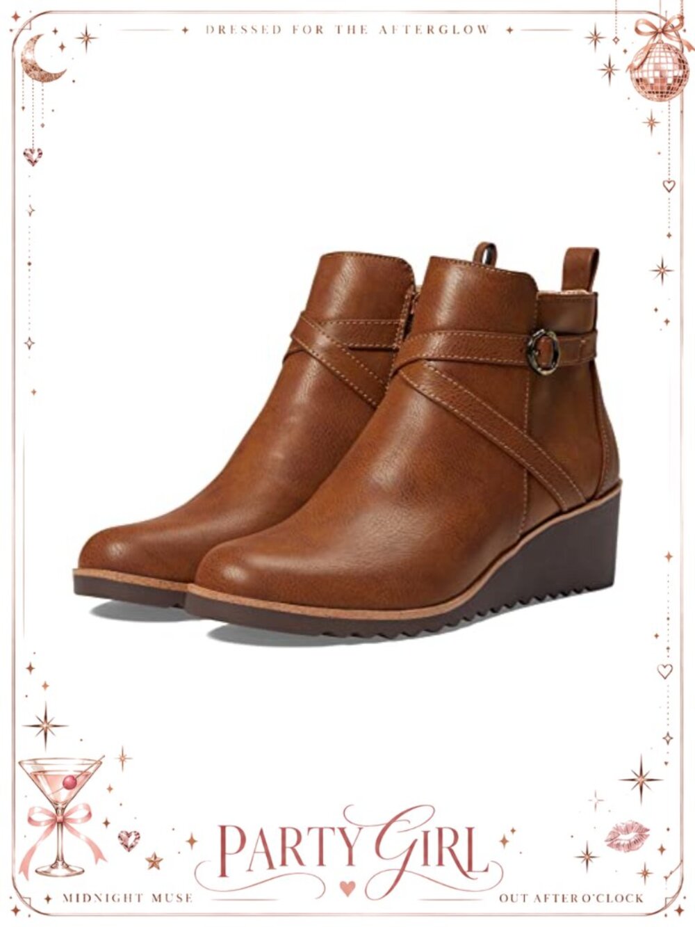 Faux Leather Ankle Bootie Round Toe Wedge Heel Side Zip Buckle Detail